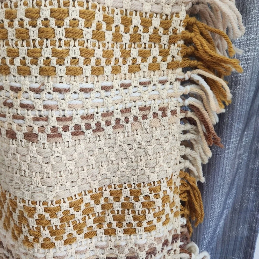 Vintage Woven Striped Throw Blanket Mustard Cream Brown Boho Earthy Fringe 45x56